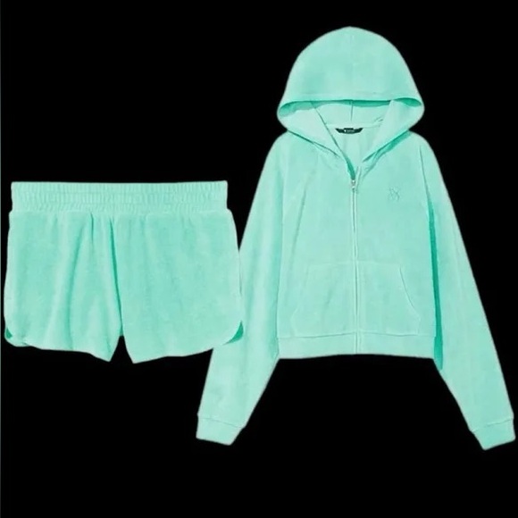 Victoria’s Secret Tourquoise Blue Green Cropped Zip-Up Sweater Terry Cloth Sz XS - Picture 3 of 16
